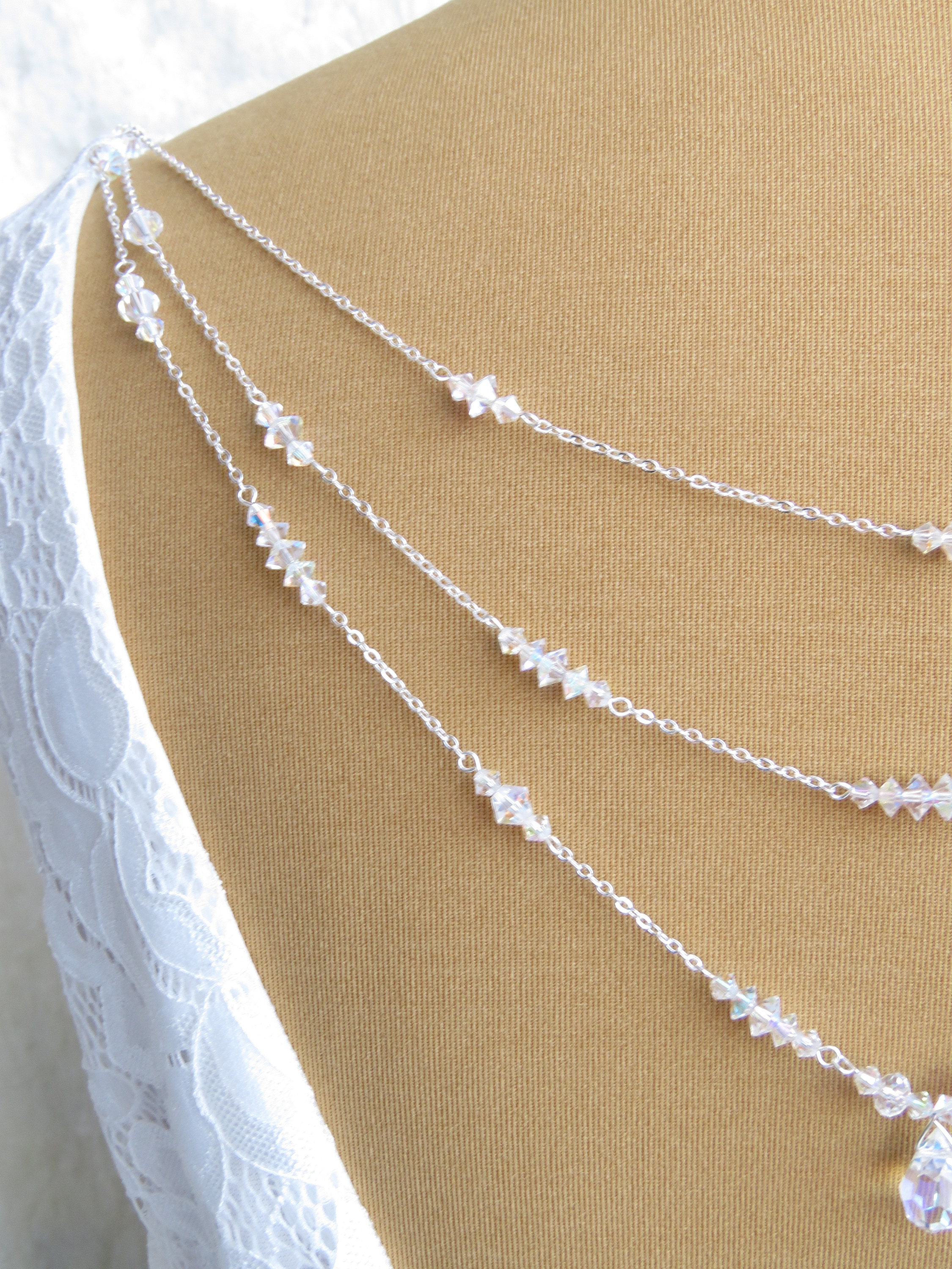 Silver Back Chain Preciosa AB Crystal Back Necklace. 3 Rows Back Chains Bridal - Etsy