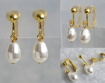 Clip On Earrings For Non Pierced Ears. | Gold Plated, Dangle Drop Swarovski White Crystal Pearl Clip On Earrings.