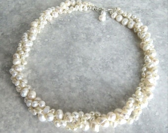 Multi Strand Freshwater Pearl Necklace. Silver Plated 3 strands Twisted White Freshwater Pearl Necklace