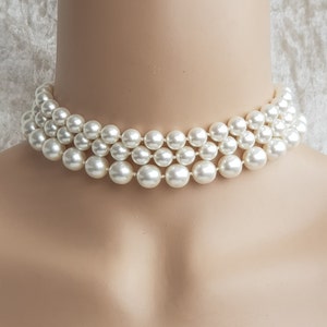3 Strand Statement Glass Crystal Pearl Choker Necklace With Silver Plated Extension Chain and Clasp, Weddings, Bridal, Birthday Gift