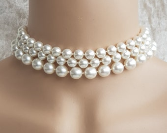 3 Strand Statement Glass Pearl Choker Necklace With Silver Plated Extension Chain and Clasp, Weddings, Bridal, Birthday Gift