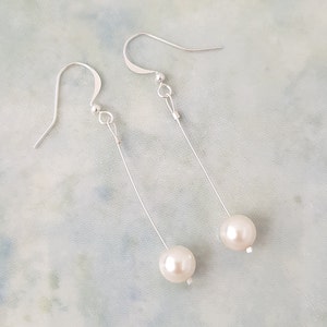 Dainty Minimalist Simple 6mm Preciosa Pearl Long Dangle Drop Earrings Gold, Silver Or Rose Gold Plated Weddings Prom Party.