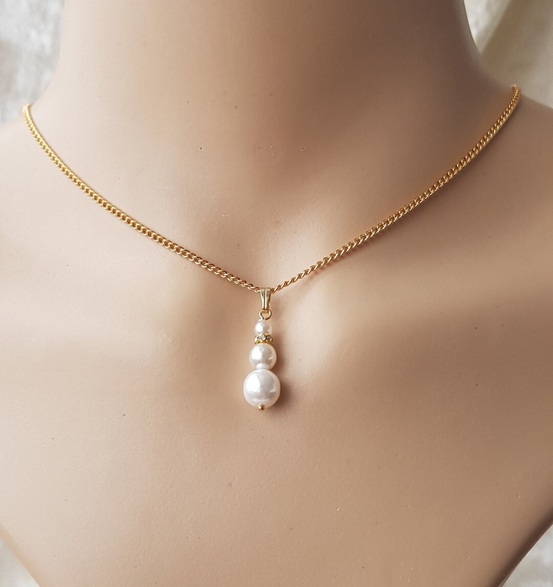 Round White Pearl Pendant Necklace, AB Crystal & White