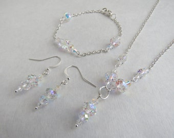 Collar, pulsera y pendientes de cristal Preciosa AB. Conjunto de 3 piezas hecho a mano. Joyería para bodas, novias, damas de honor y graduaciones.