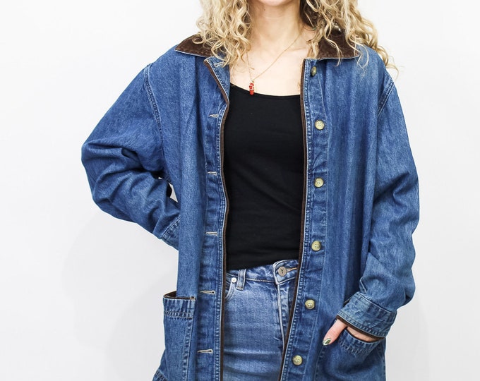 Vintage Corduroy Trim Denim Shirt Jacket - M