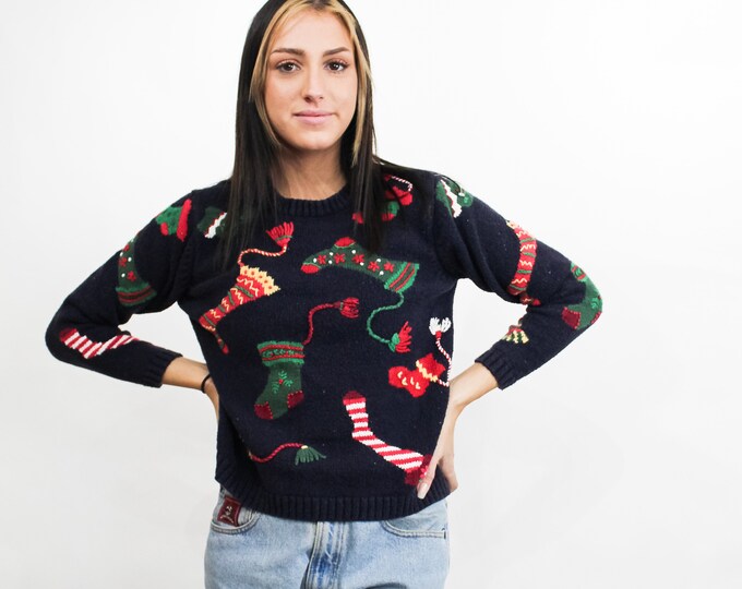 Christmas Stockings Sweater - S / Vintage Ugly Christmas Sweatshirt / Holiday / Party