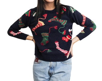 Christmas Stockings Sweater - S / Vintage Ugly Christmas Sweatshirt / Holiday / Party