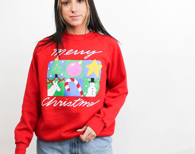 Merry Christmas - L / Vintage Ugly Christmas Sweatshirt / Holiday / Party