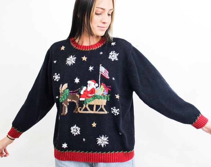 Santa's Sleigh Sweater - XXL / Vintage Ugly Christmas Sweatshirt / Holiday / Party