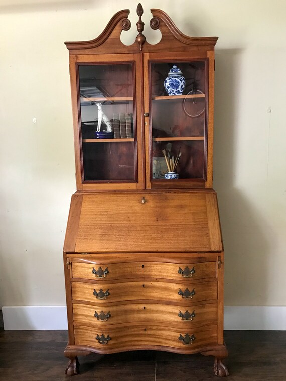 Vintage Fawn Cherry Secretary Desk Hutch Drawers Pediment Etsy