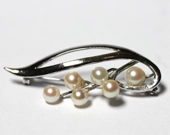 Stunning Vintage Real Cultured 6 PEARL Silver Brooch