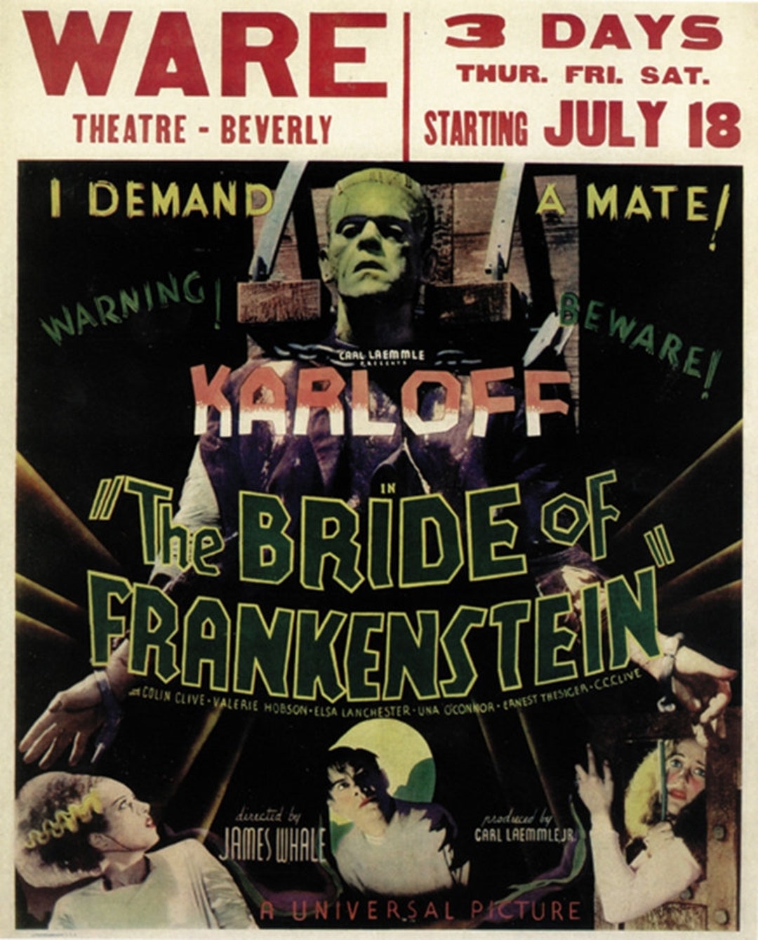The Bride of Frankenstein (1935) Boris Karloff Horror Movie Poster ...