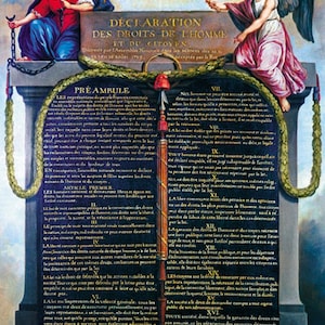 May include: A vintage illustration of the French Declaration of the Rights of Man and of the Citizen, a key document of the French Revolution. The text is in French and includes the preamble and articles of the declaration. The illustration features two figures, a woman and an angel, standing on either side of the text. The woman is wearing a blue and red dress and holding a chain. The angel is wearing a white dress and holding a wand. The illustration is set against a background of clouds and a bright light.