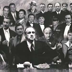 May include: A black and white photo collage of men in suits. The men are all looking at the camera. The photo is in a vintage style.