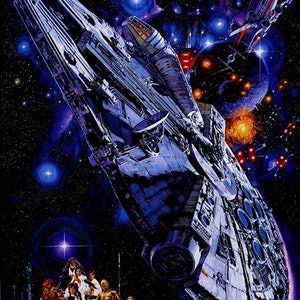 May include: A vintage Star Wars poster featuring the Millennium Falcon spaceship flying through a dark blue space with a bright white star in the background. Darth Vader is in the upper left corner of the poster. The text "STAR WARS" is at the bottom of the poster.