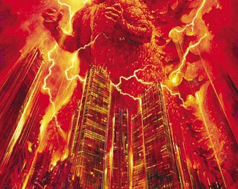 May include: A fiery red and orange poster featuring Godzilla, a giant monster, standing in a city with tall buildings. Lightning strikes around Godzilla, creating a dramatic effect. The text "TOHO presents GODZILLA" is at the bottom of the poster.
