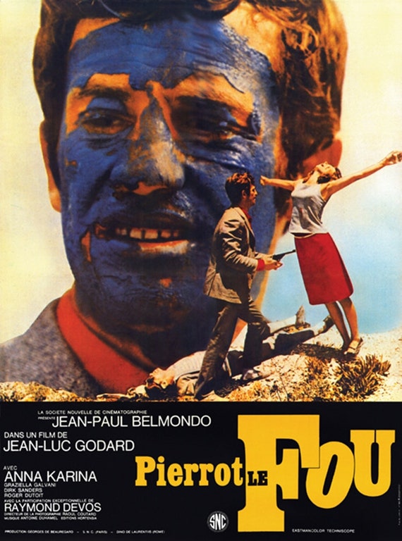 気狂いピエロ フランス版 大型ポスター Pierrot le fou ゴダール Pierrot Le Fou Jean-paul Belmondo Jean-luc Godard Cult Movie