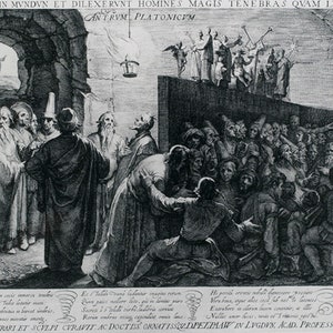 May include: A black and white engraving depicting a group of people in a cave, with a group of people outside the cave. The engraving is titled "Lux venit in mundum et dilexerunt homines magis tenebras quam lucem. 10.3.19" and "Antrum Platonicum".