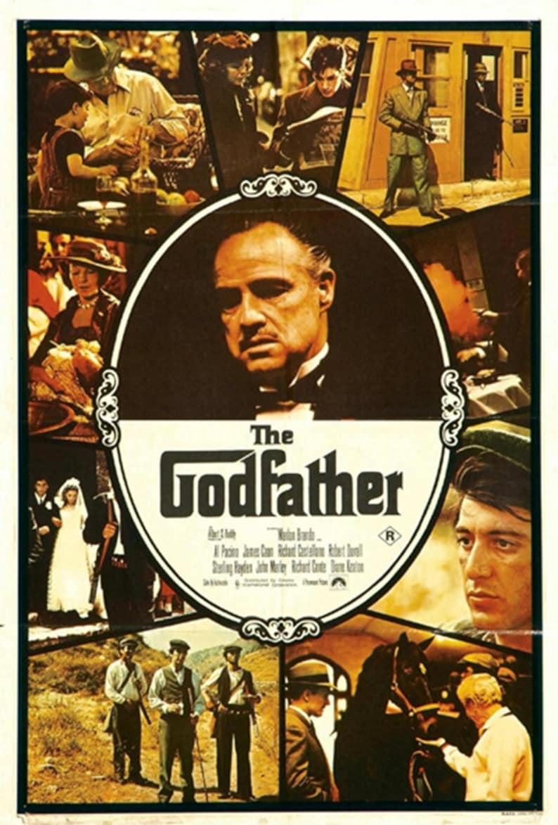 May include: A vintage film poster for the movie "The Godfather" featuring Marlon Brando as Don Vito Corleone. The poster is divided into nine sections, each showing a different scene from the film. The poster is in a brown and yellow colour scheme.