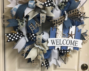 Beach House Wreath, Welcome Beach Wreath, Blue and White Wreath, Rustic Wreath, Summer Wreath, Front Door Wreath, Coastal Wreath