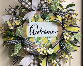 Lemon Wreath, Lemon Lovers Wreath, Welcome Lemon Wreath, Welcome Wreath, Fruit Wreath, Yellow Wreath, Front Door Wreath, Summer Wreath