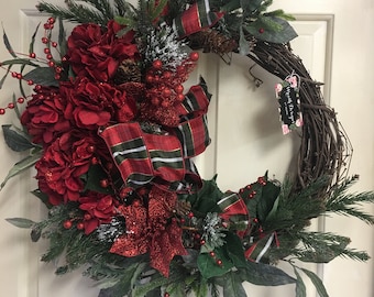 Christmas Wreath, Christmas Decor, Red Flower Wreath, Front Door Wreath, Door Wreath, Holiday Wreath, Wall Wreath, Winter Wreath