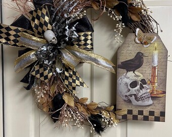 Couronne d'Halloween, couronne de tête de mort, couronne de corbeau noir, couronne effrayante, couronne d'automne, couronne noir et or, couronne murale, couronne de porte, vigne