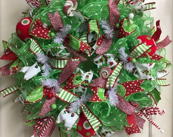 Whimsical Christmas Wreath, Christmas Wreath, Green Christmas Wreath, Holiday Wreath, Christmas Decor, Holiday Decor, Red and Green Wreath