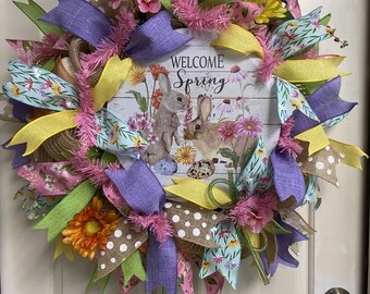 Welcome Spring Wreath, Spring Decor, Bunny Rabbit, Bunny Lovers, Spring Bunny, Spring Rabbit, Spring Gift, Front Door Wreath, Kitchen Wreath