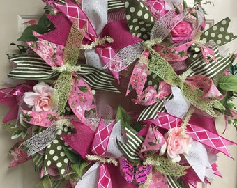 Pink Spring Wreath, Green Spring Wreath, Spring Wreath, Spring Decor, Rose Wreath, Pink Rose Wreath, Front Door Wreath, Door Wreath