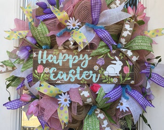 Easter Wreath, Spring Wreath, Happy Easter Wreath, Bunny Wreath, Front Door Wreath, Spring Flower Wreath