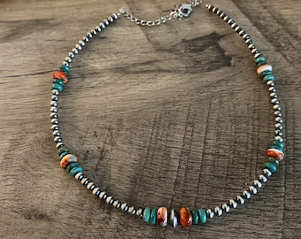 Real Navajo pearls choker 4mm authentic turquoise- real spiny oyster- western jewelry beaded choker - turquoise necklace - Christmas gift