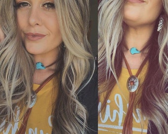 Bundle Leather Bolo Necklace -Turquoise Choker -Concho bolo necklace - Long Necklace - Bolo Necklace - Western Necklace - Western Jewelry -