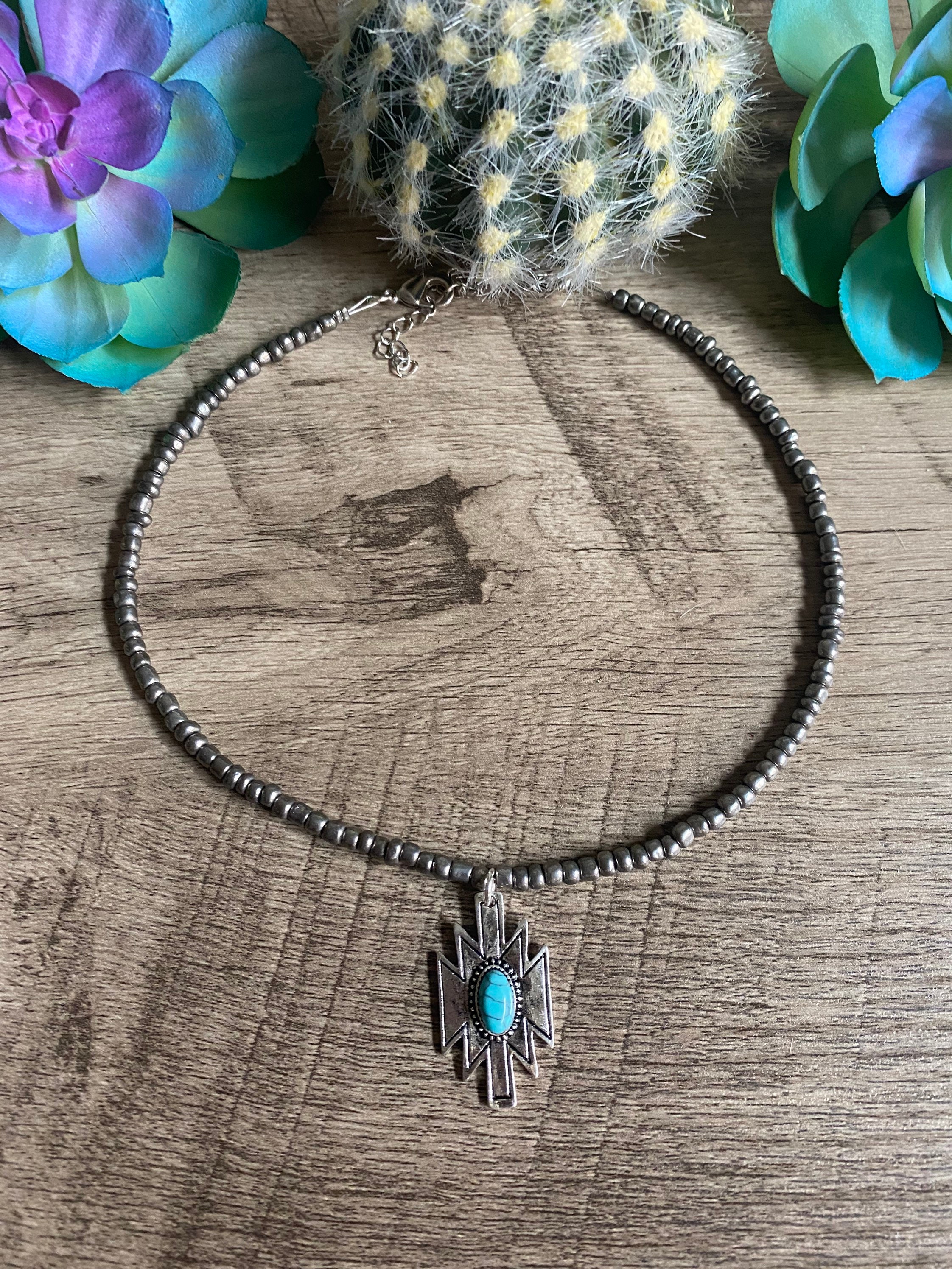 Turquoise pendant Beaded Choker Choker Necklace Western Etsy