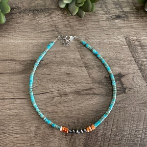 Vibrant choker - Sterling Silver Pearls, spiny oyster and composite turquoise - western jewelry - southwestern necklace