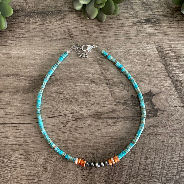 Vibrant choker - Navajo pearls, spiny oyster and composite turquoise - western jewelry - southwestern necklace -short necklace beaded choker