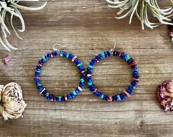 Lapis hoop earrings with spiny oyster and turquoise