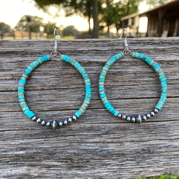 Navajo | Navajo Handmade Sterling Silver Navajo Pearl Hoop Earrings with Turquoise, Brown, and Green Beads