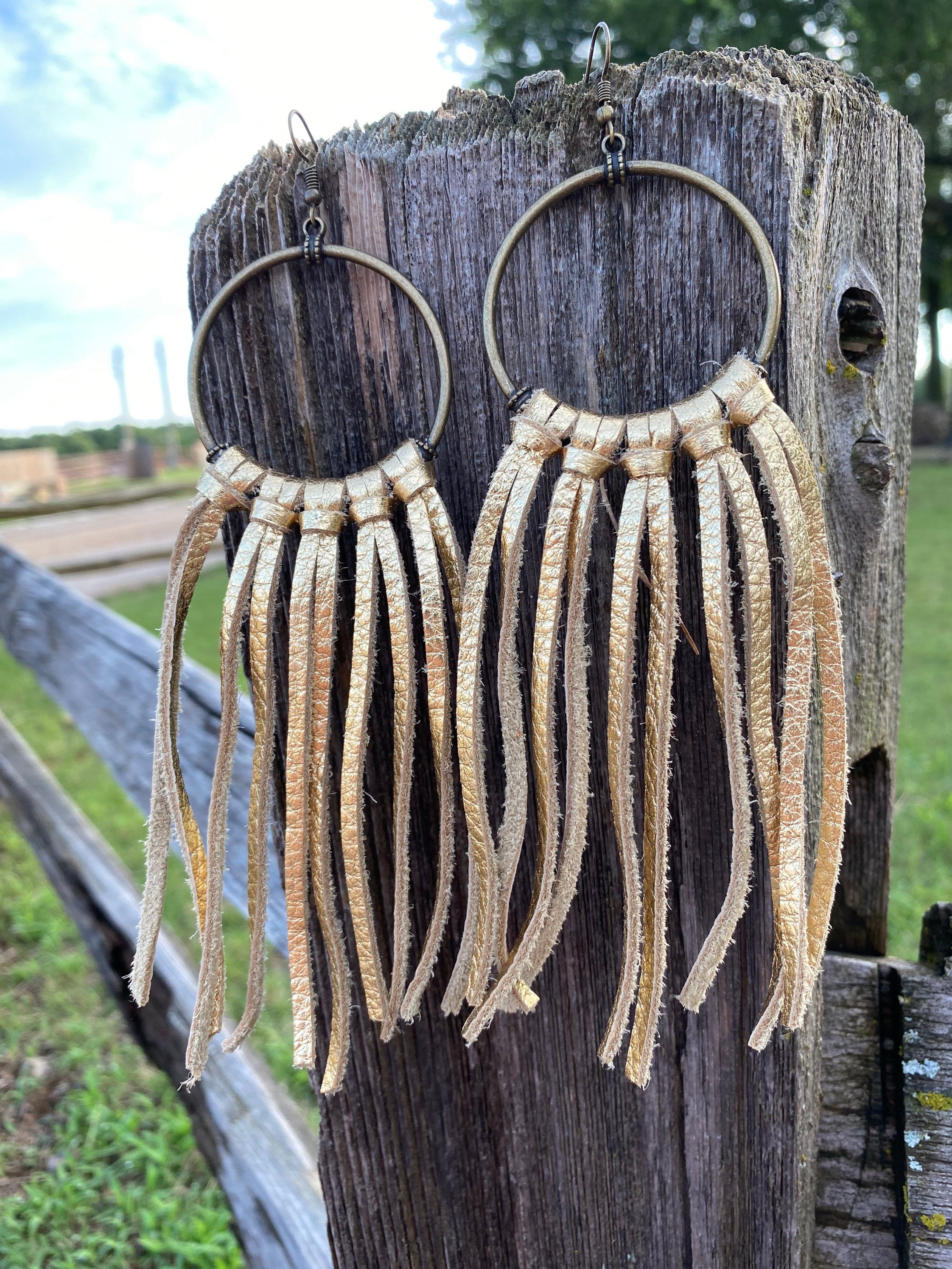 Gold Leather Fringe Earrings fringe Hoop Earrings Western Etsy