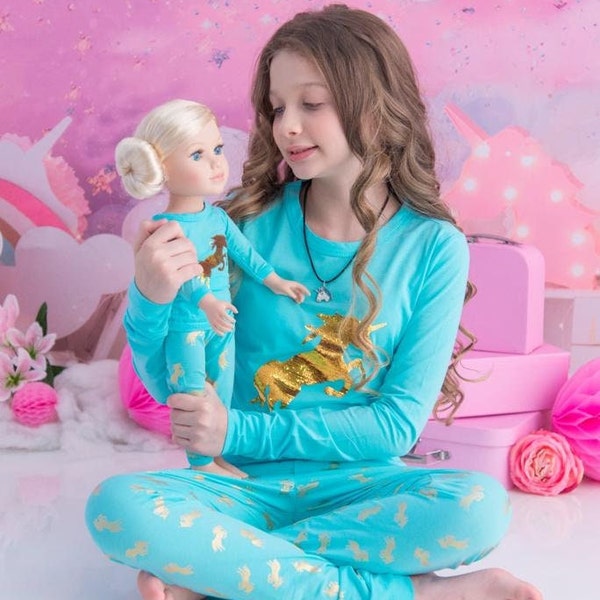 Pyjama 4 pièces assorti pour filles et poupées | Pyjama fille | Pyjama pour poupée | Ensemble pyjama pour fille | Tailles 4,6, 8,10,12 | Pyjama licorne | Pyjama bleu|