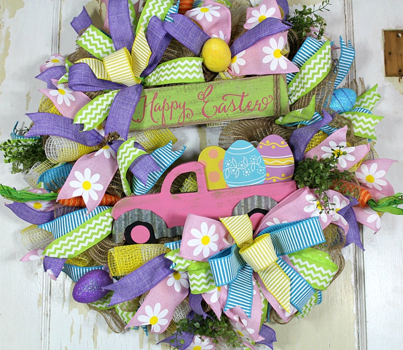 Easter Wreath Easter Egg Wreath Spring Wreath Pastel Easter Wreath Easter Wooden Truck Wreath Happy Easter Truck Wreath