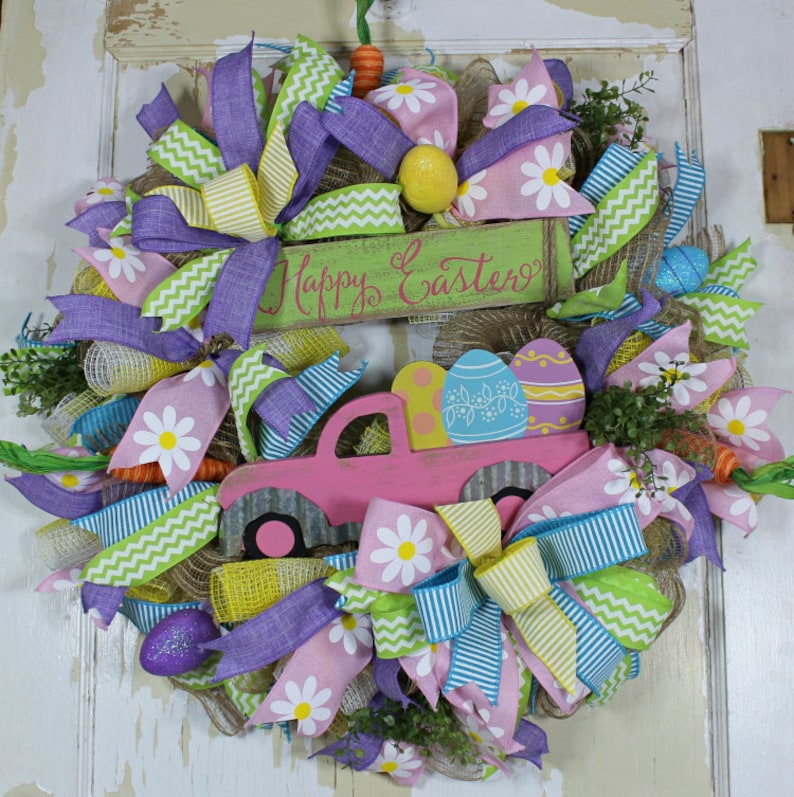 Easter Wreath Easter Egg Wreath Spring Wreath Pastel Easter Wreath Easter Wooden Truck Wreath Happy Easter Truck Wreath