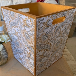 Splendour Gold and silver solid wood waste paper bin for a living room, bedroom, or a home office.