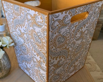 Gold and silver splendour solid wood waste paper bin for a living room, bedroom, or a home office.