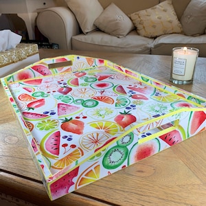 Summer fruit Extra Large decoupaged wooden serving tray, coffee table tray, breakfast tray, ottoman tray and footstool tray.