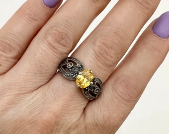 Yellow CZ Art deco marcasite ring Armenian Sterling silver oval cut ring women Unusual jewelry cocktail Silver marcasite ring gift women