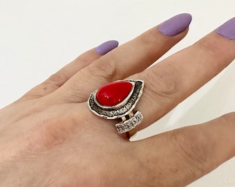 Red chunky silver ring woman Large statement ring Thick textured ring Ceramic decor pear shape ring Boho handcrafted ring gift for women