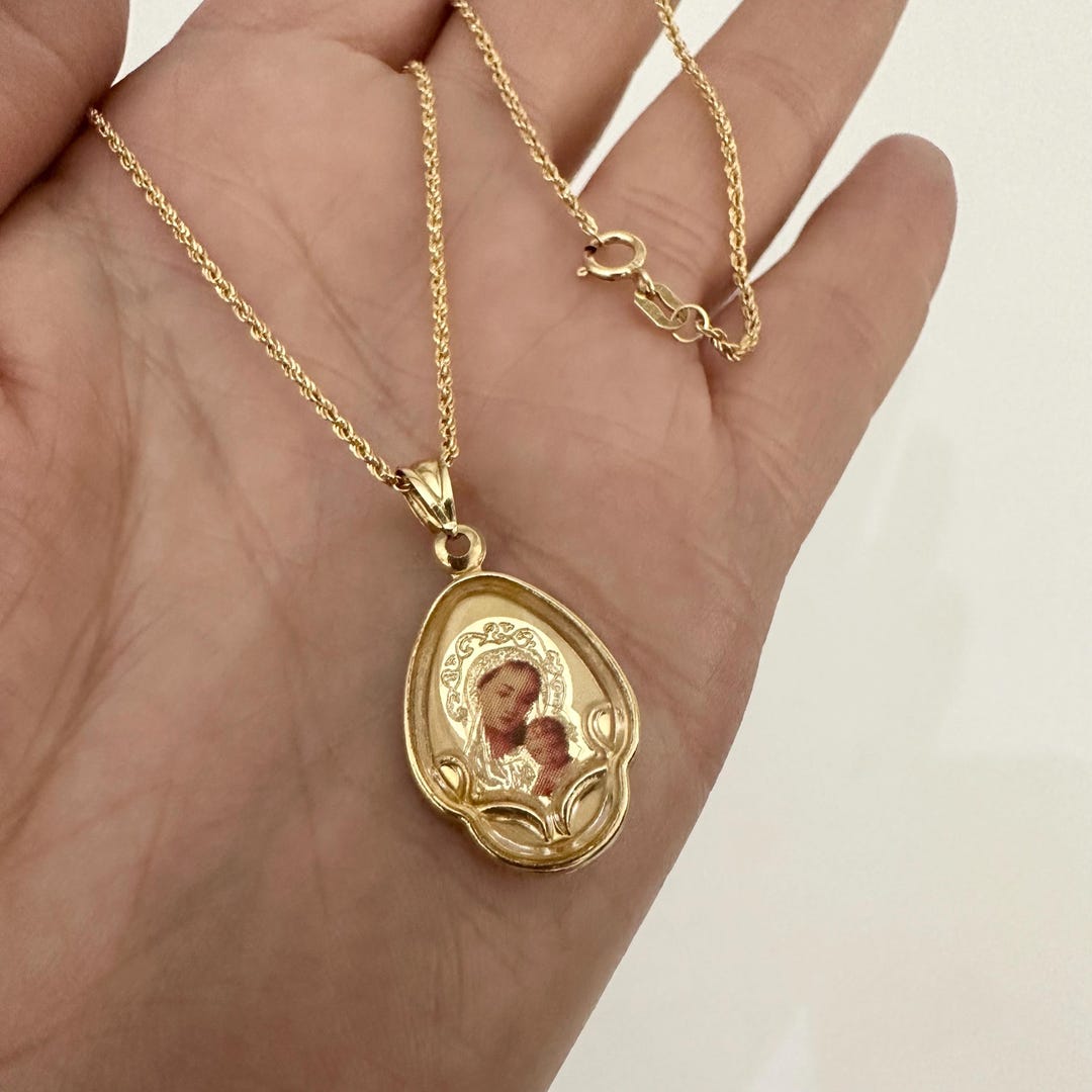 14k Gold Virgin Mary Pendant Necklace God Mother Protection Religious ...