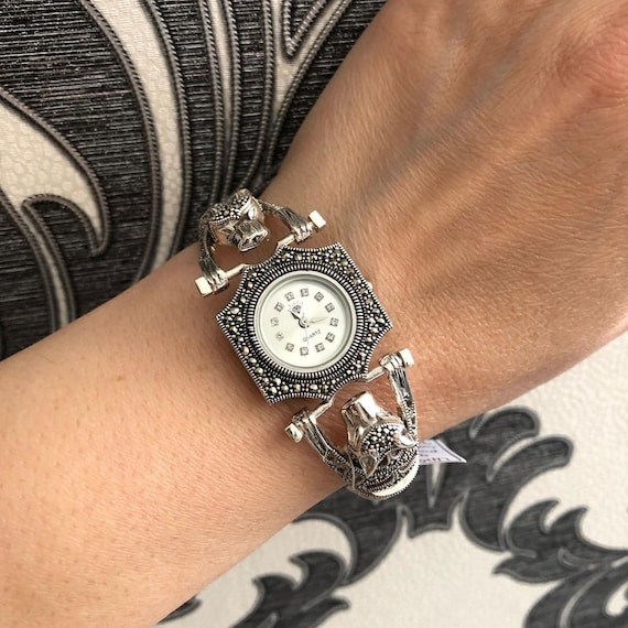 Ladies Silver Marcasite Watch Sterling Silver Link Double Lion Wristwatch Gothic Style Women Watch Unique Gift Women Mothers Day Gift Silver Etsy UK