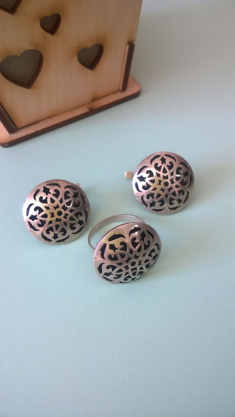 round jewelry set Silver filigree jewelry boho bride jewelry handmade jewelry set boho ring and earrings set moroccan arabesque jewelry
